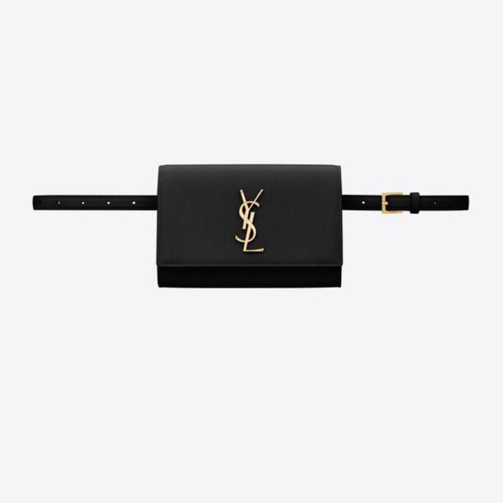 YSL Black Leather Waist Bag with Gold Emblem